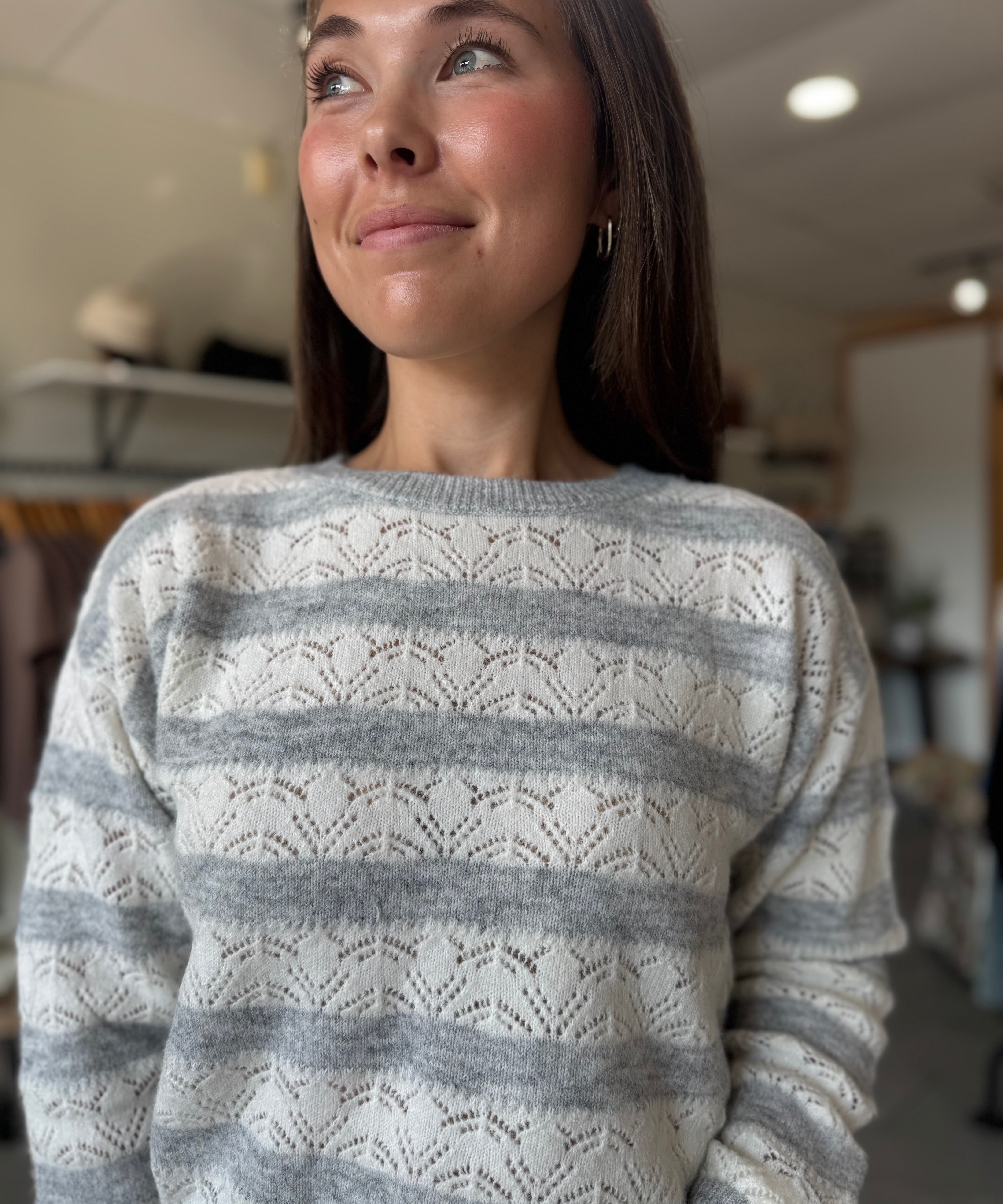 Leonora Stripe Pointelle Sweater | Heather Grey