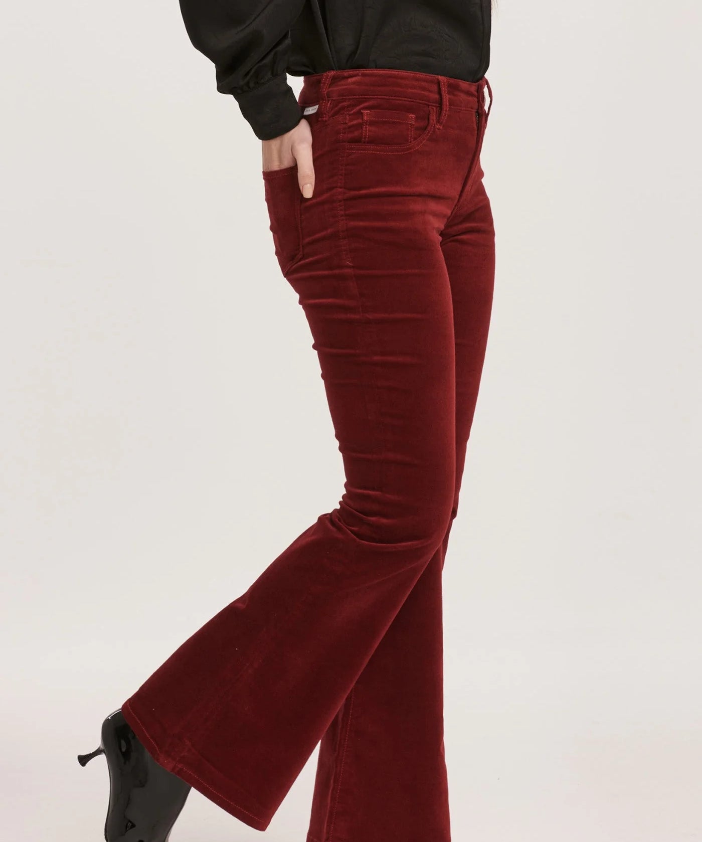 Rosa Mid Rise Full Inseam Flare Pants - Burgundy Velveteen image 1