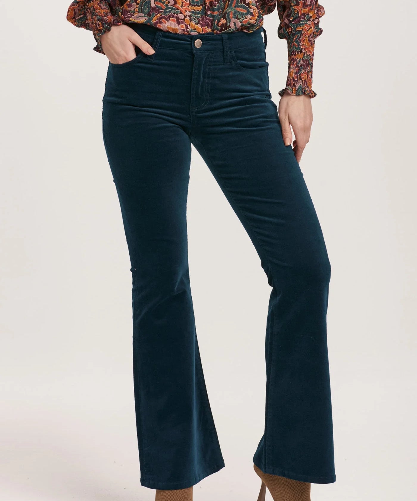 Rosa Mid Rise Full Inseam Flare Pants - Teal Velveteen image 0