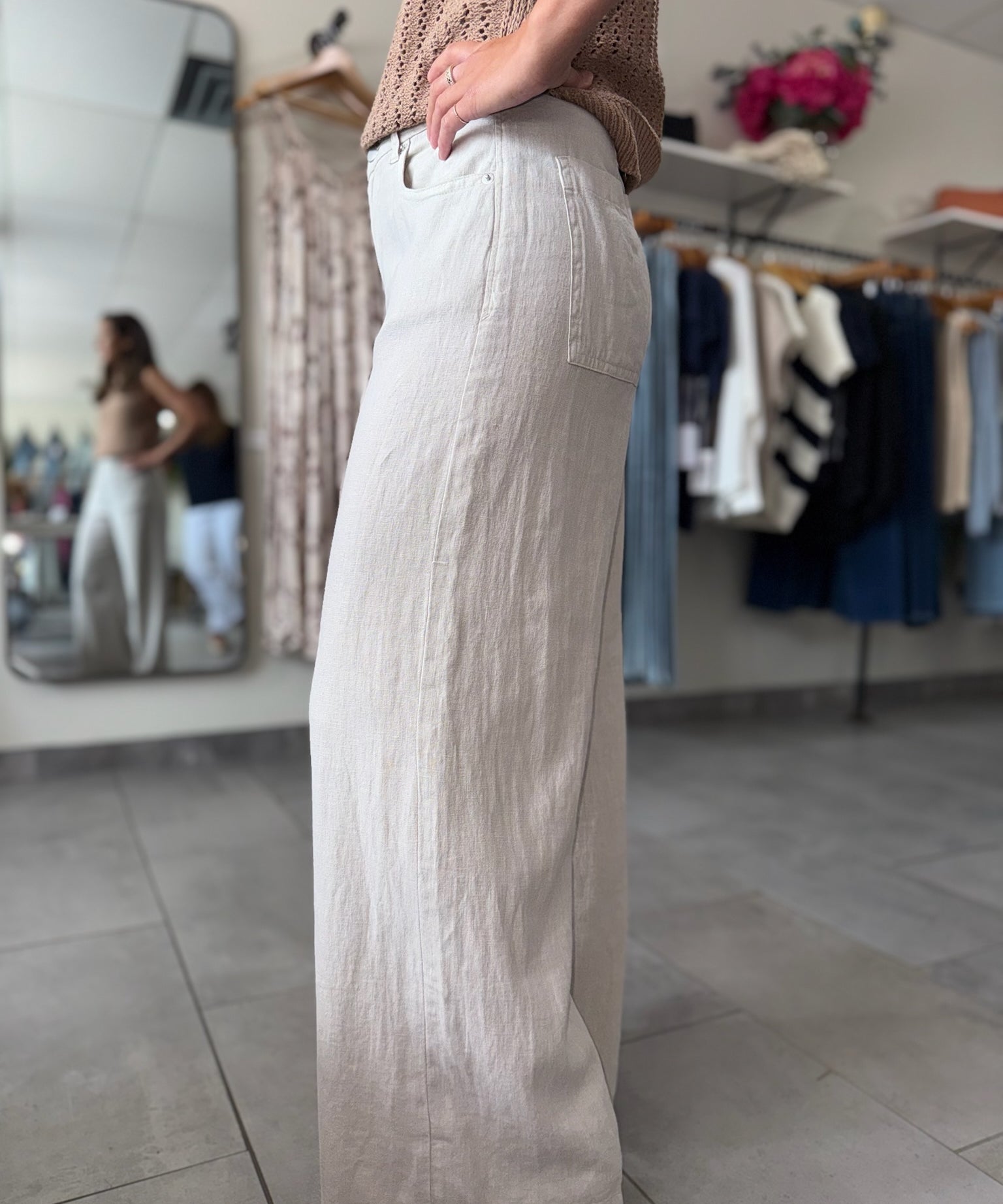 Audrey High Rise Cropped Wide Leg Linen Pants | Stone