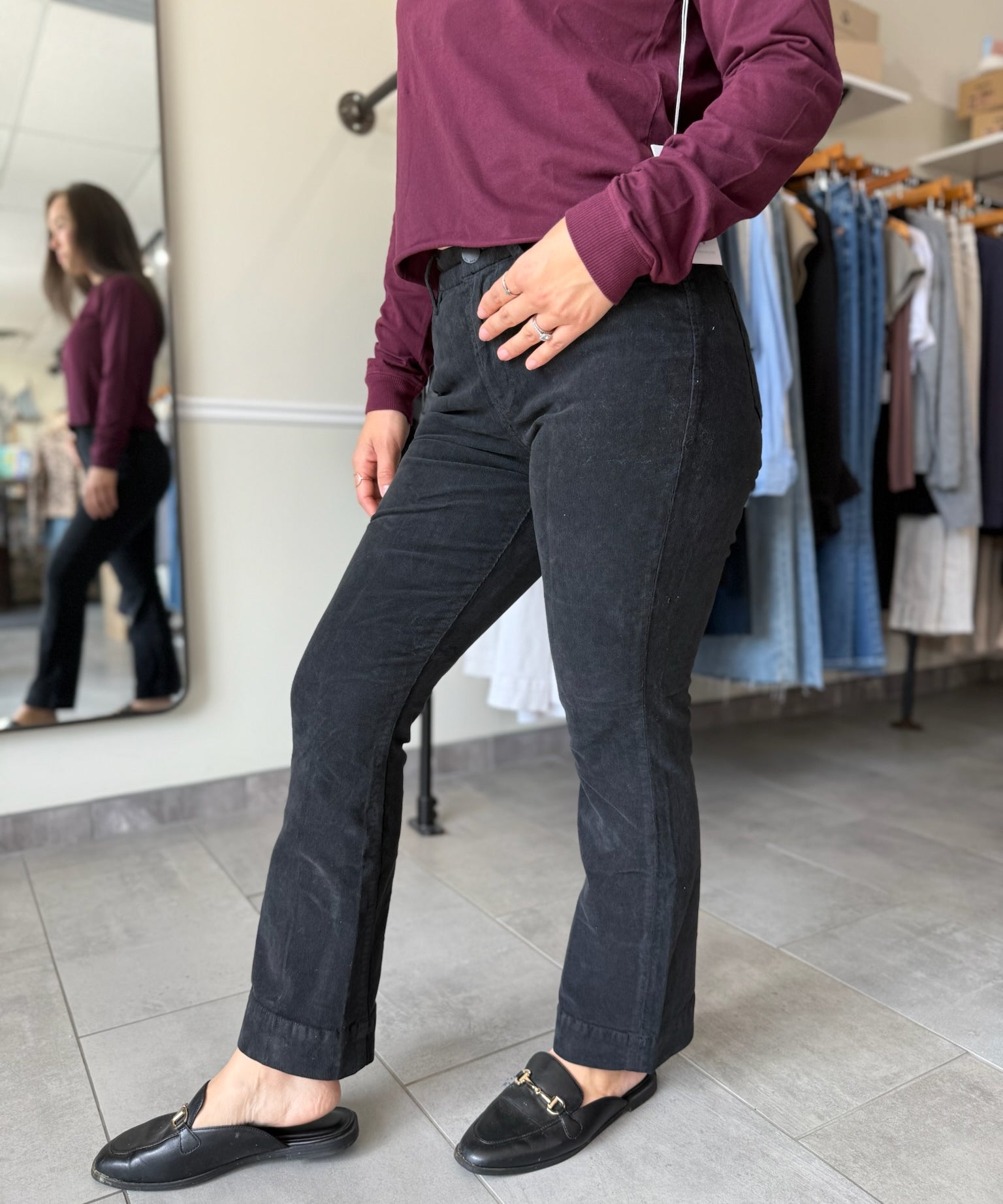 Jeanne Mid Rise Cropped Flare Pants - Black Corduroy