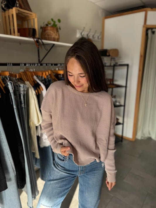 Relaxed Waffle Knit Top - Light Taupe