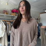 Geneva V-Neck Frayed Trim Sweater | Heather Taupe