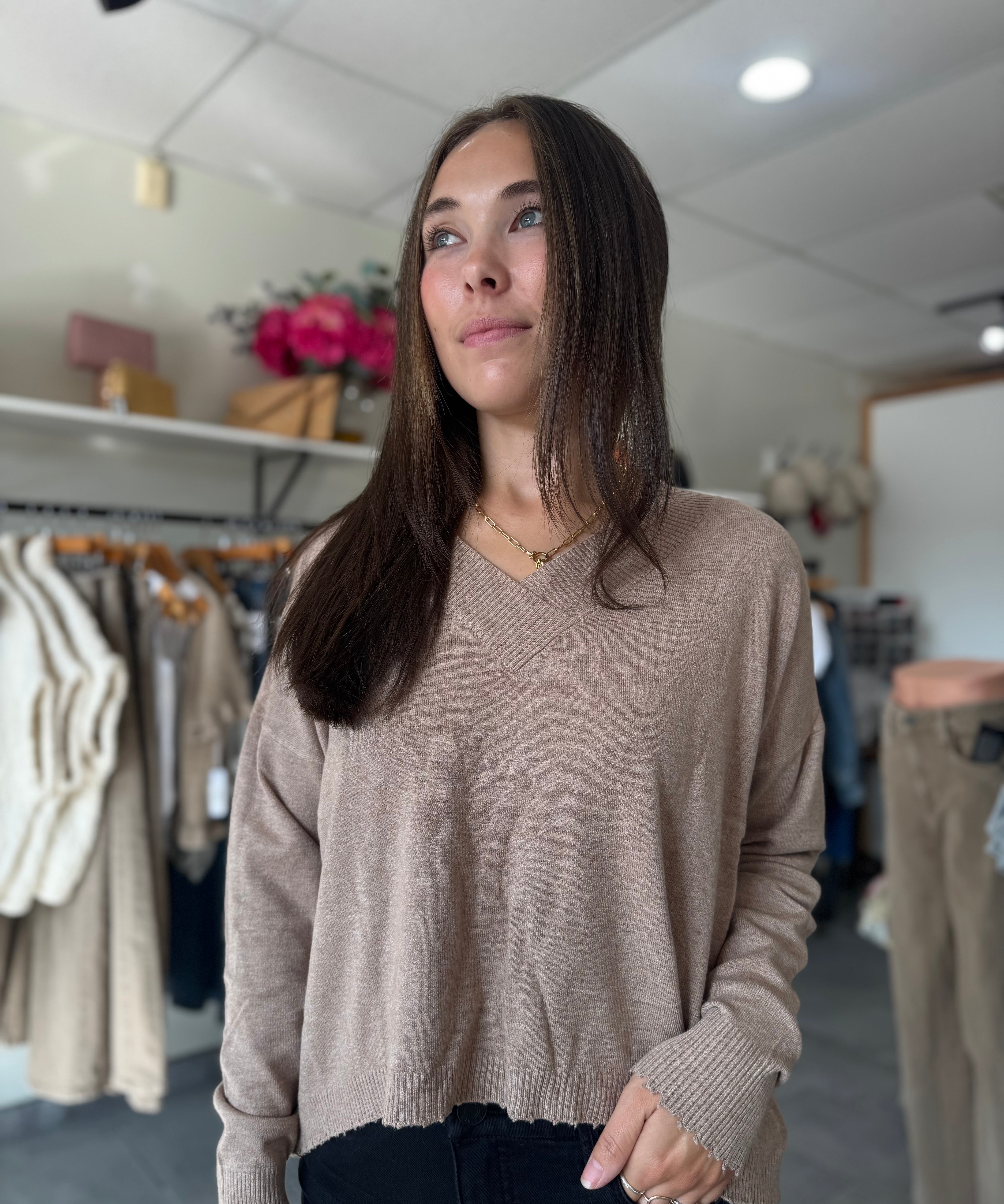 Geneva V-Neck Frayed Trim Sweater | Heather Taupe