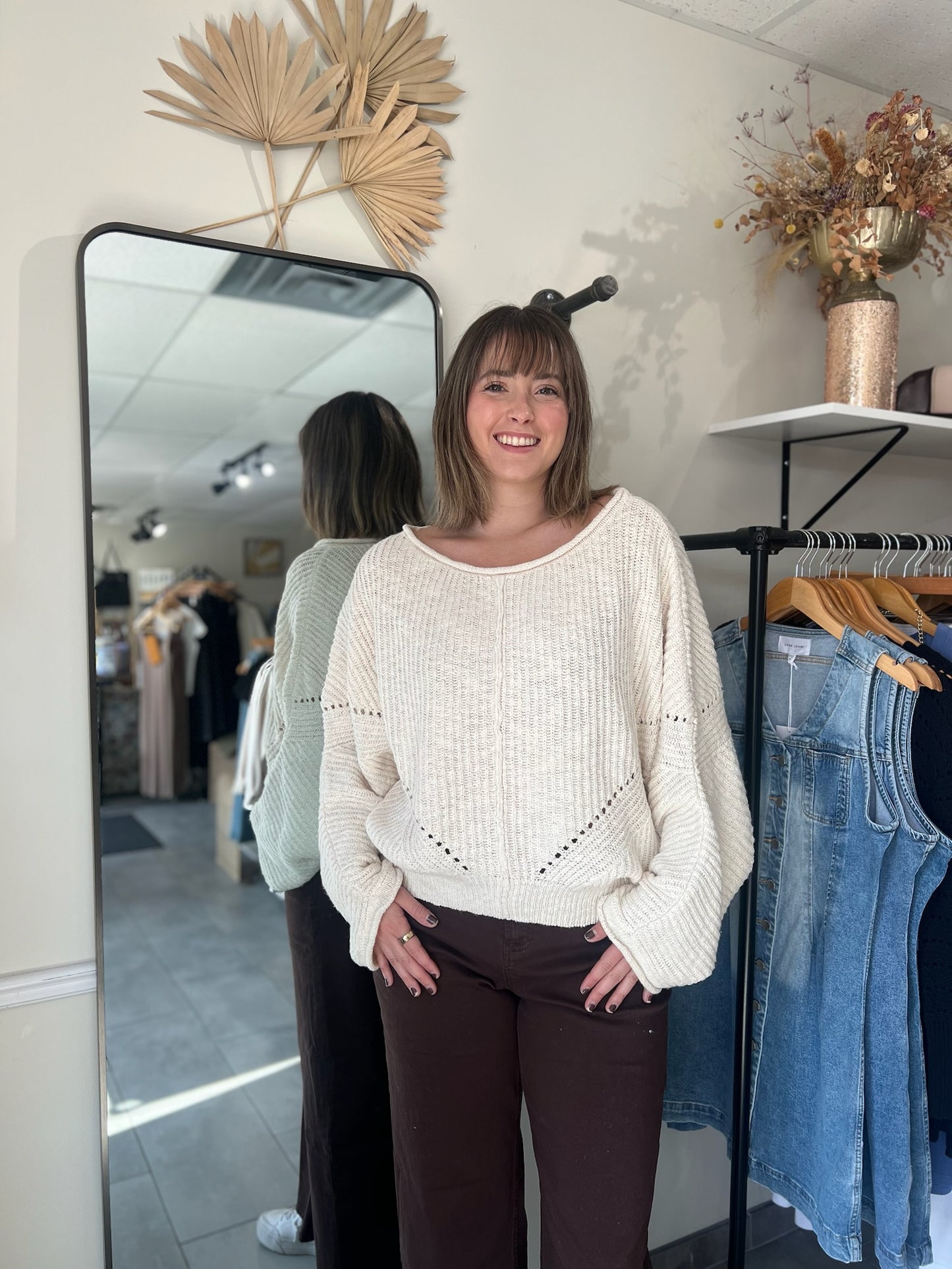 Ribbed Drop-Shoulder Knit Sweater - Cream