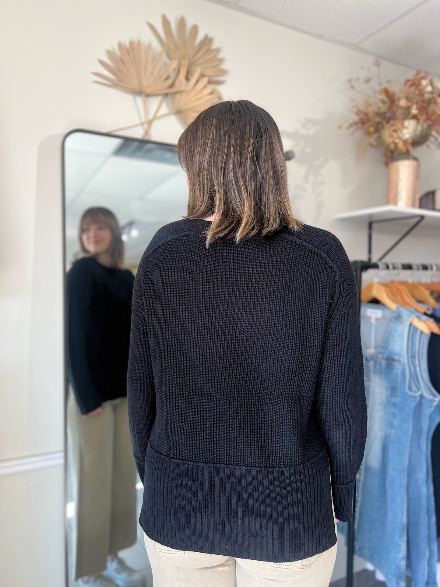 Raglan Long Sleeve Side Slit Sweater - Black