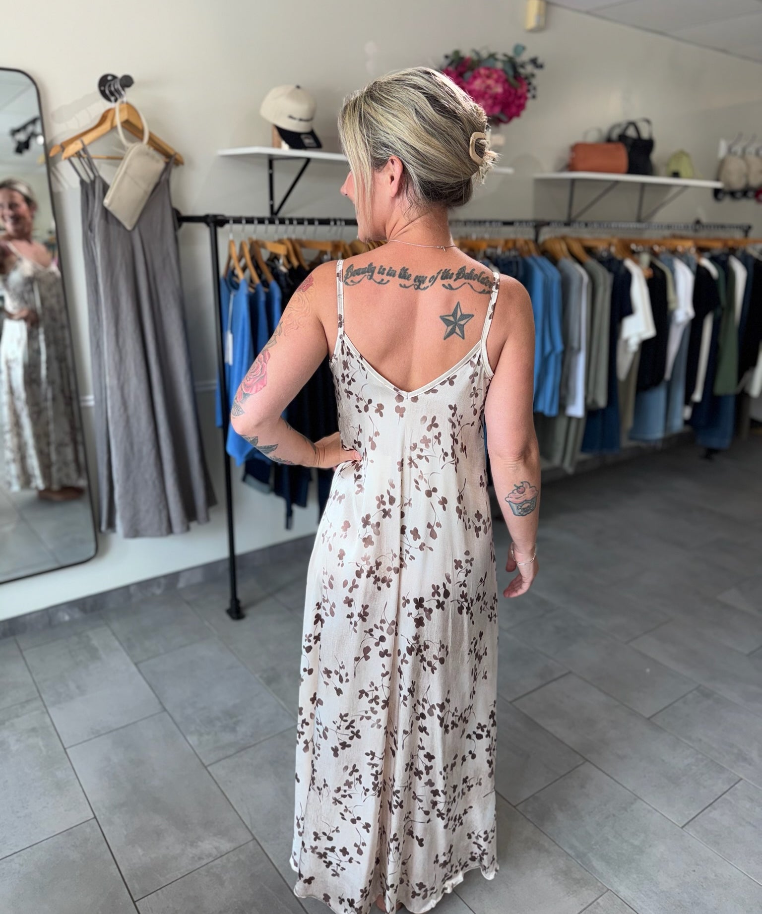 Floral Silky Maxi Slip Dress | Beige