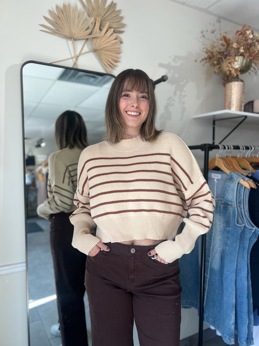 Striped Mock Neck Sweater - Brown