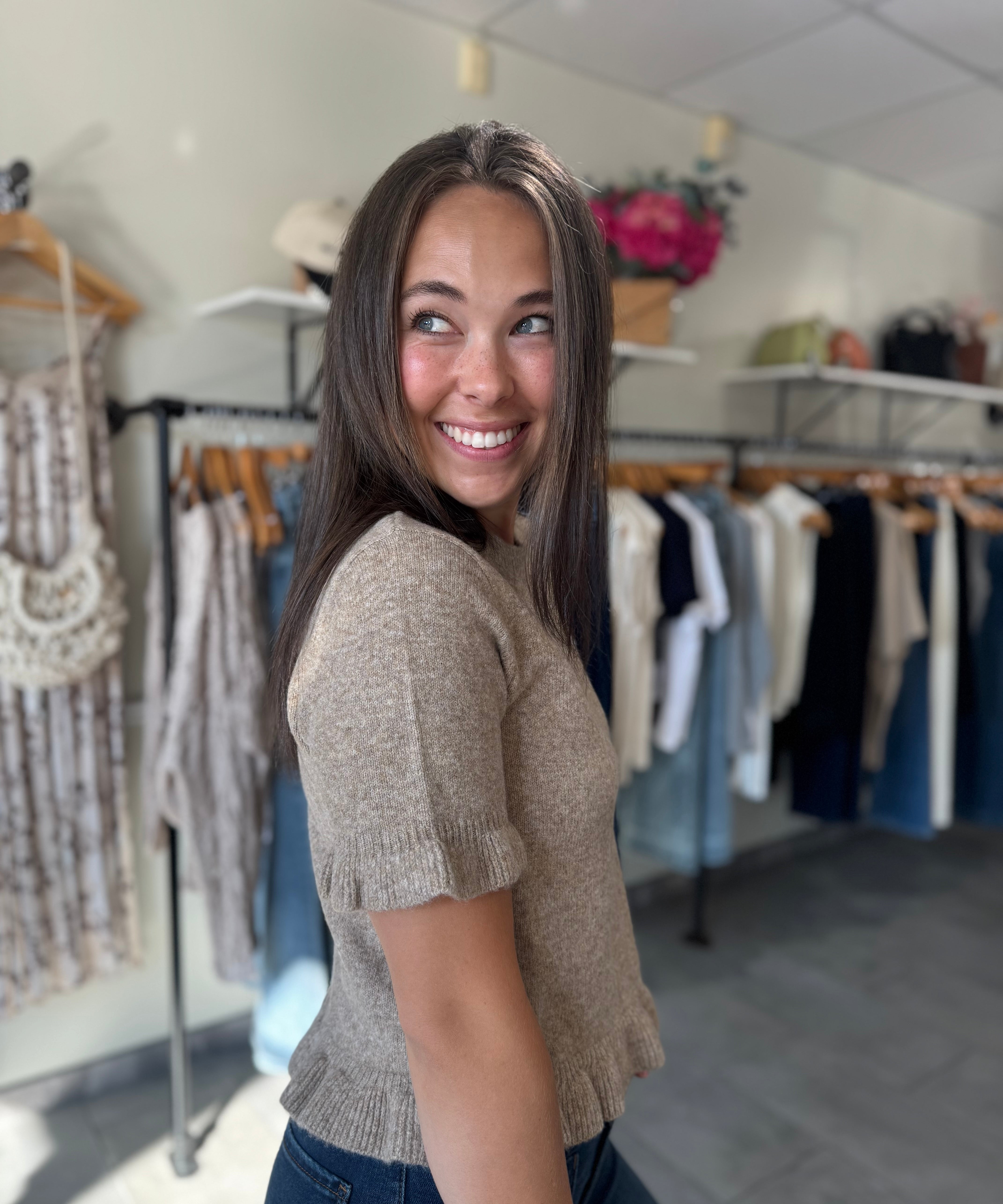Cleo Ruffle Edge Sweater | Latte
