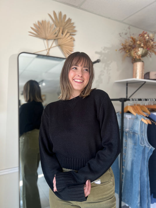 Cozy Cropped Knit Sweater - Black