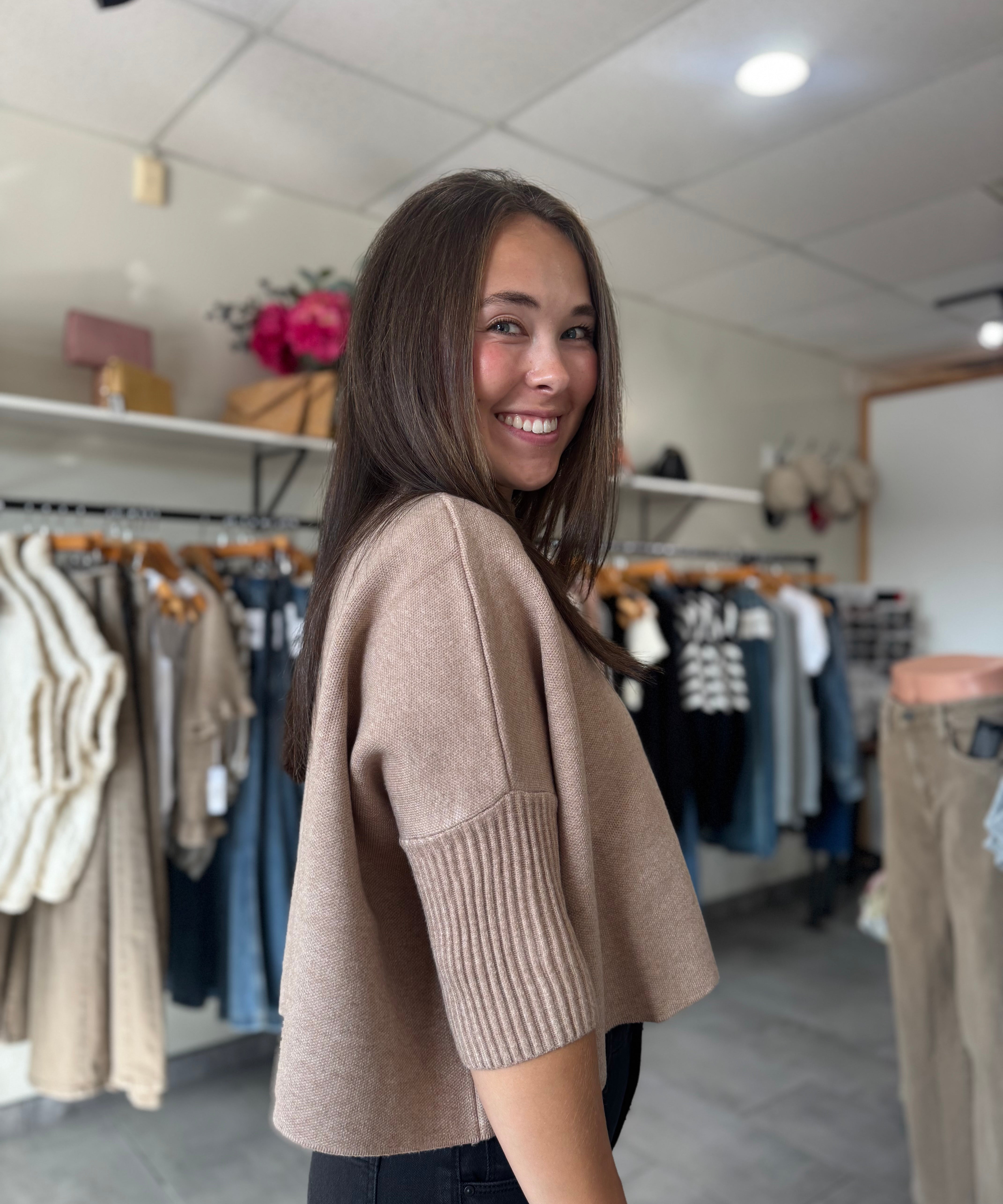 Oslo Funnel Neck 3/4 Sleeve Sweater | Heather Taupe