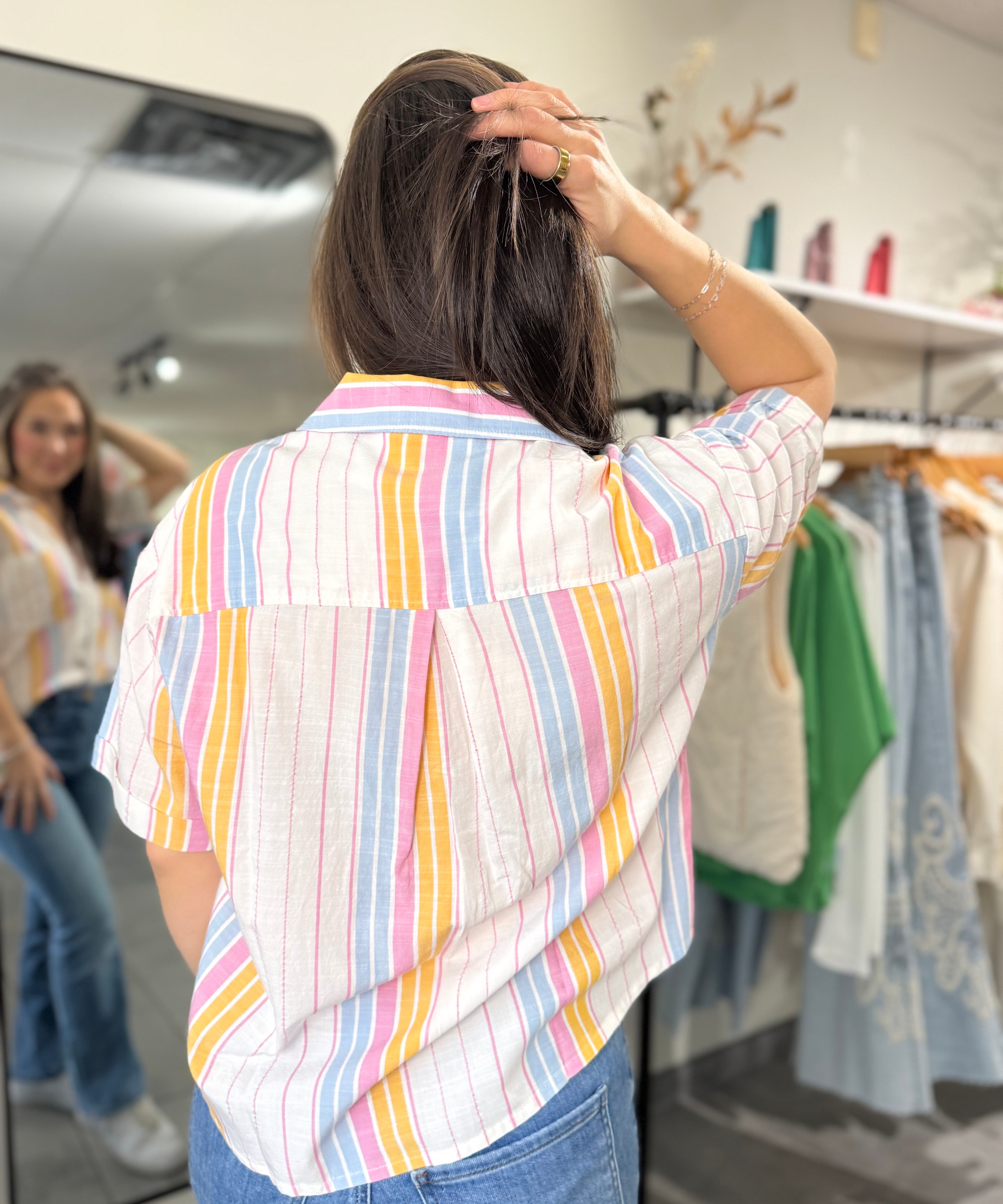 Brianna Boxy Fit Button Down | Pink & White Stripe