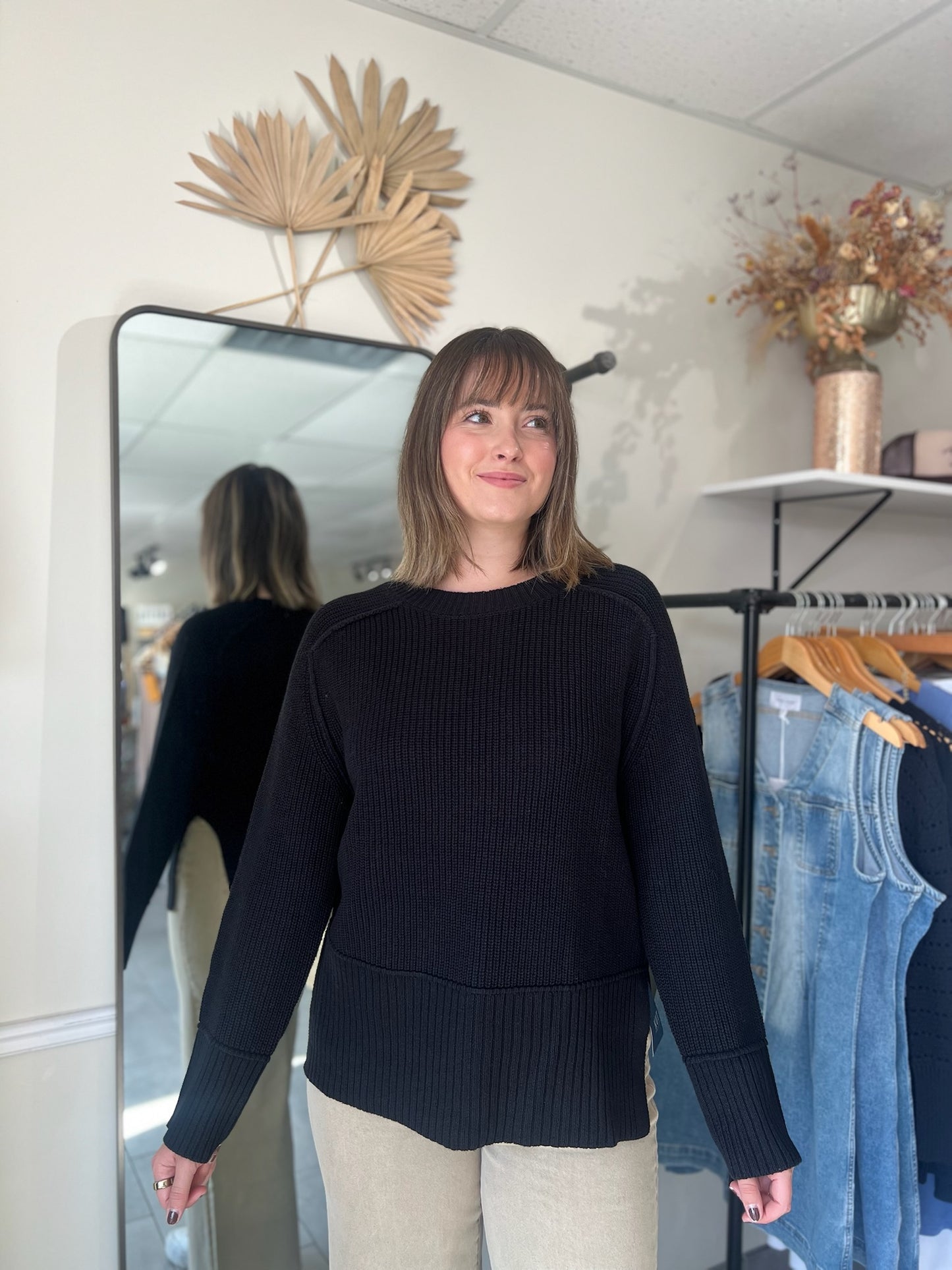 Raglan Long Sleeve Side Slit Sweater - Black