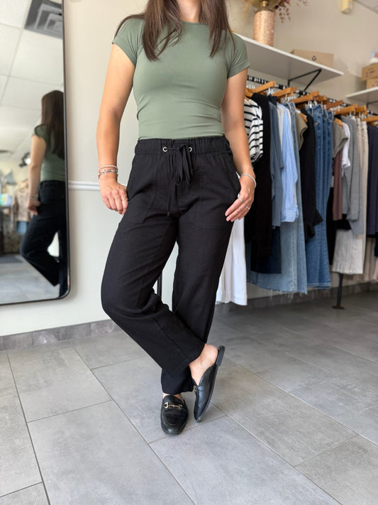 Rosalie Linen Drawstring Pant - Black