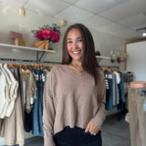 Geneva V-Neck Frayed Trim Sweater | Heather Taupe