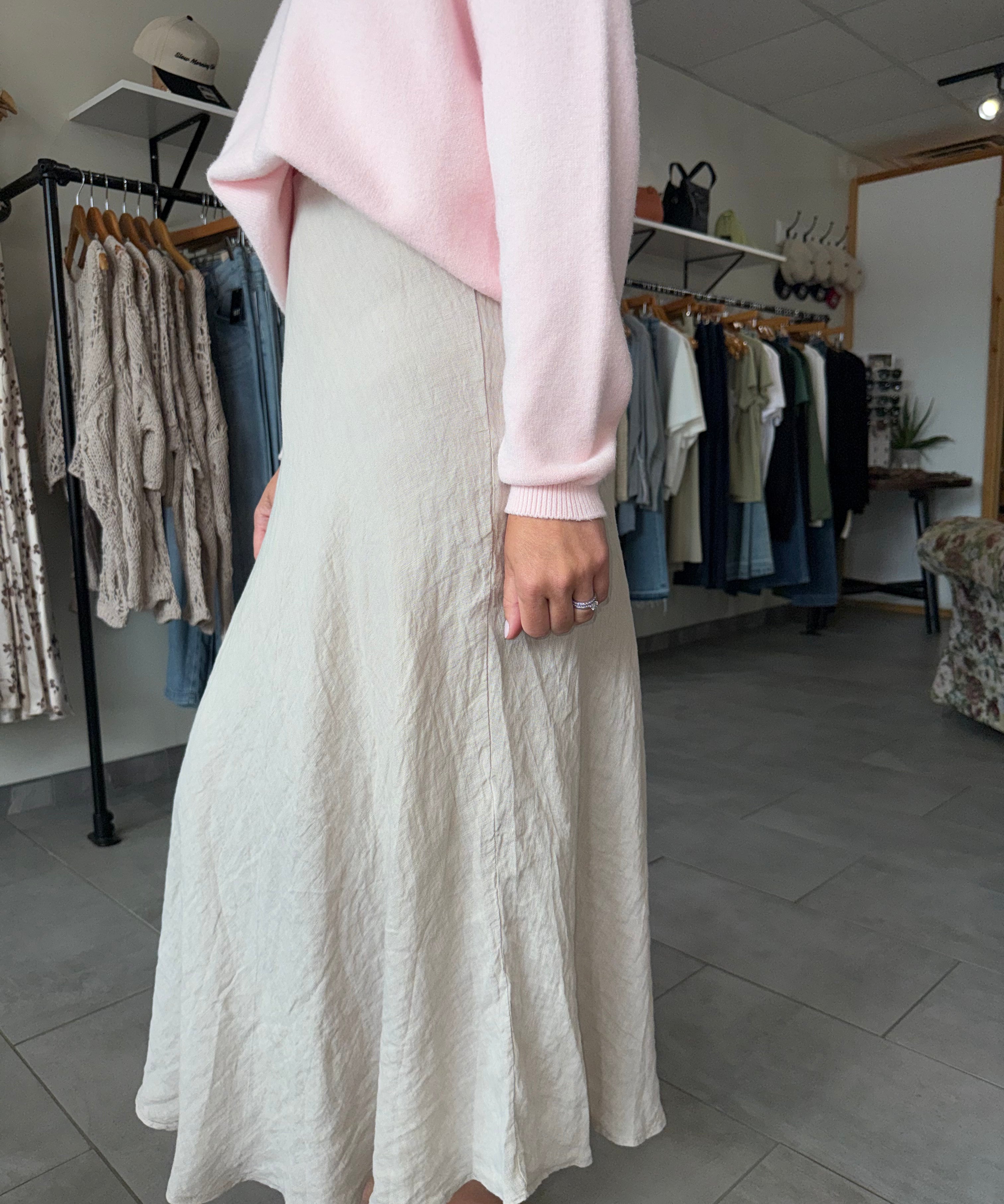 Crinkle Linen A-Line Midi Skirt | Beige