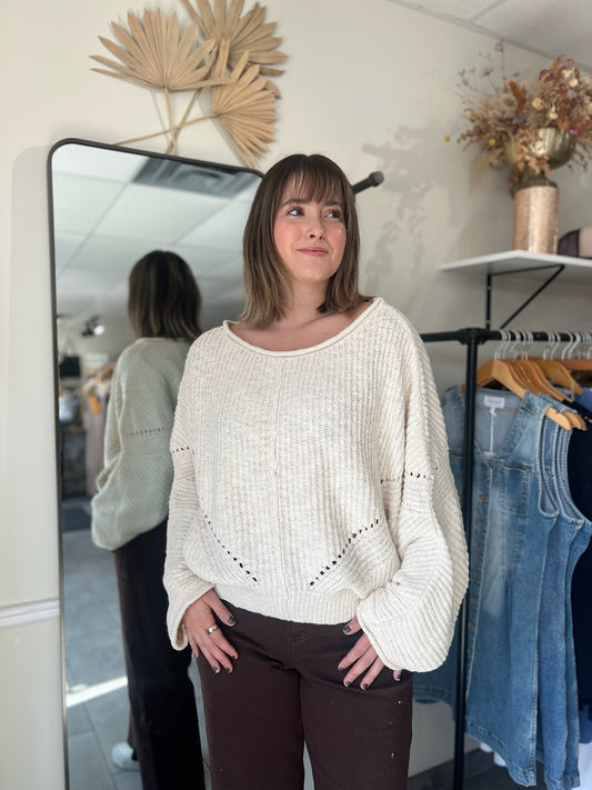 Ribbed Drop-Shoulder Knit Sweater - Cream
