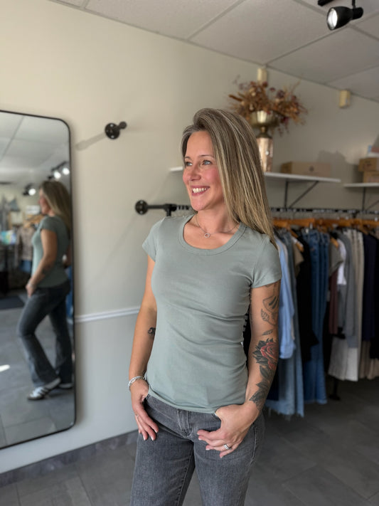 Cotton Rib Scoop Neck Short Sleeve T-shirt - Smokey Olive