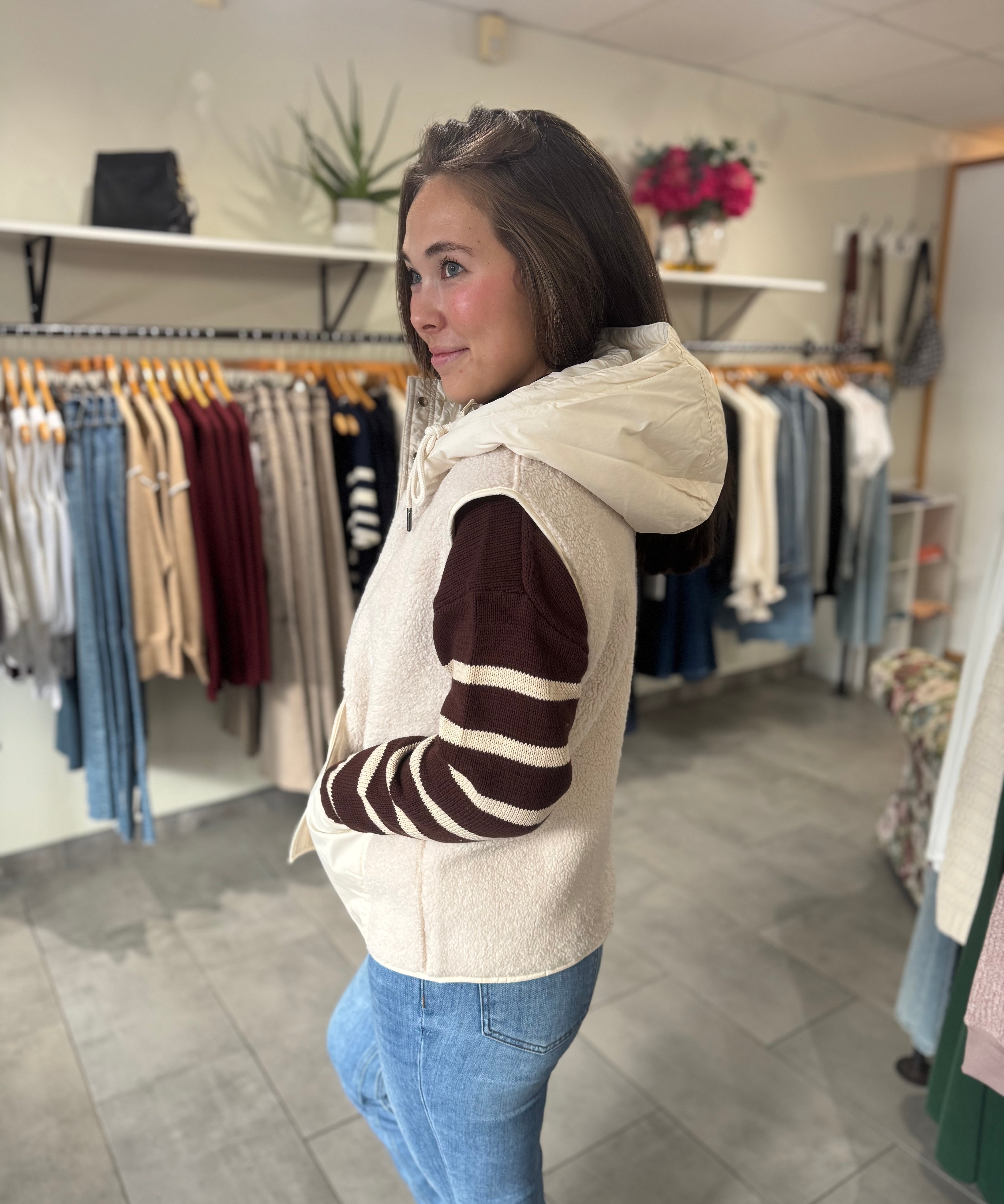 Sherpa Fleece Hooded Vest | Ecru