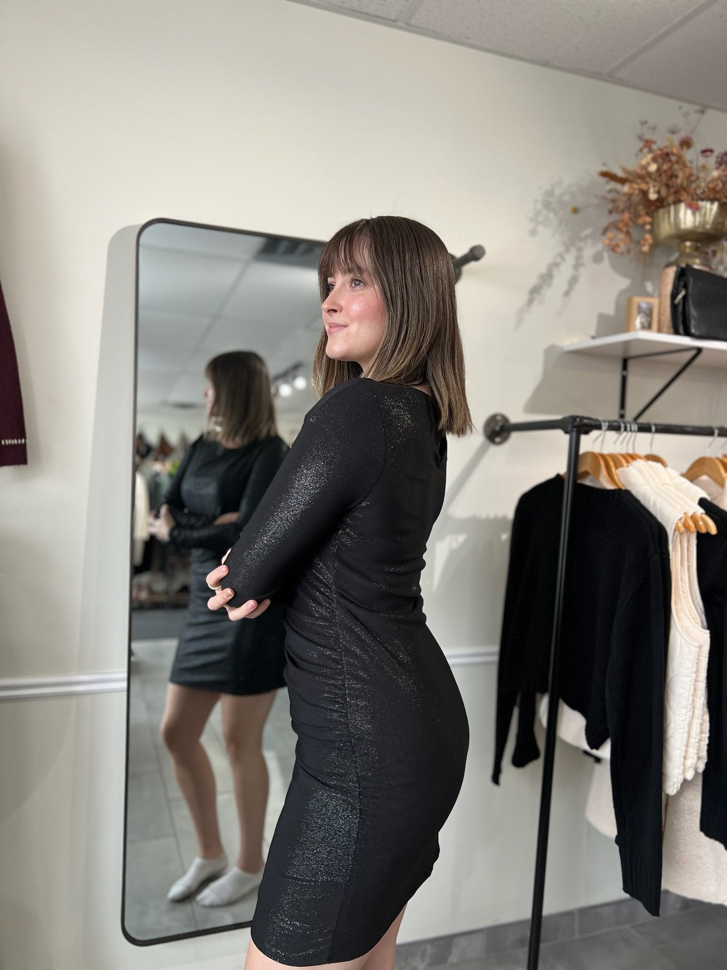 Shirring Details Mini Dress | Black