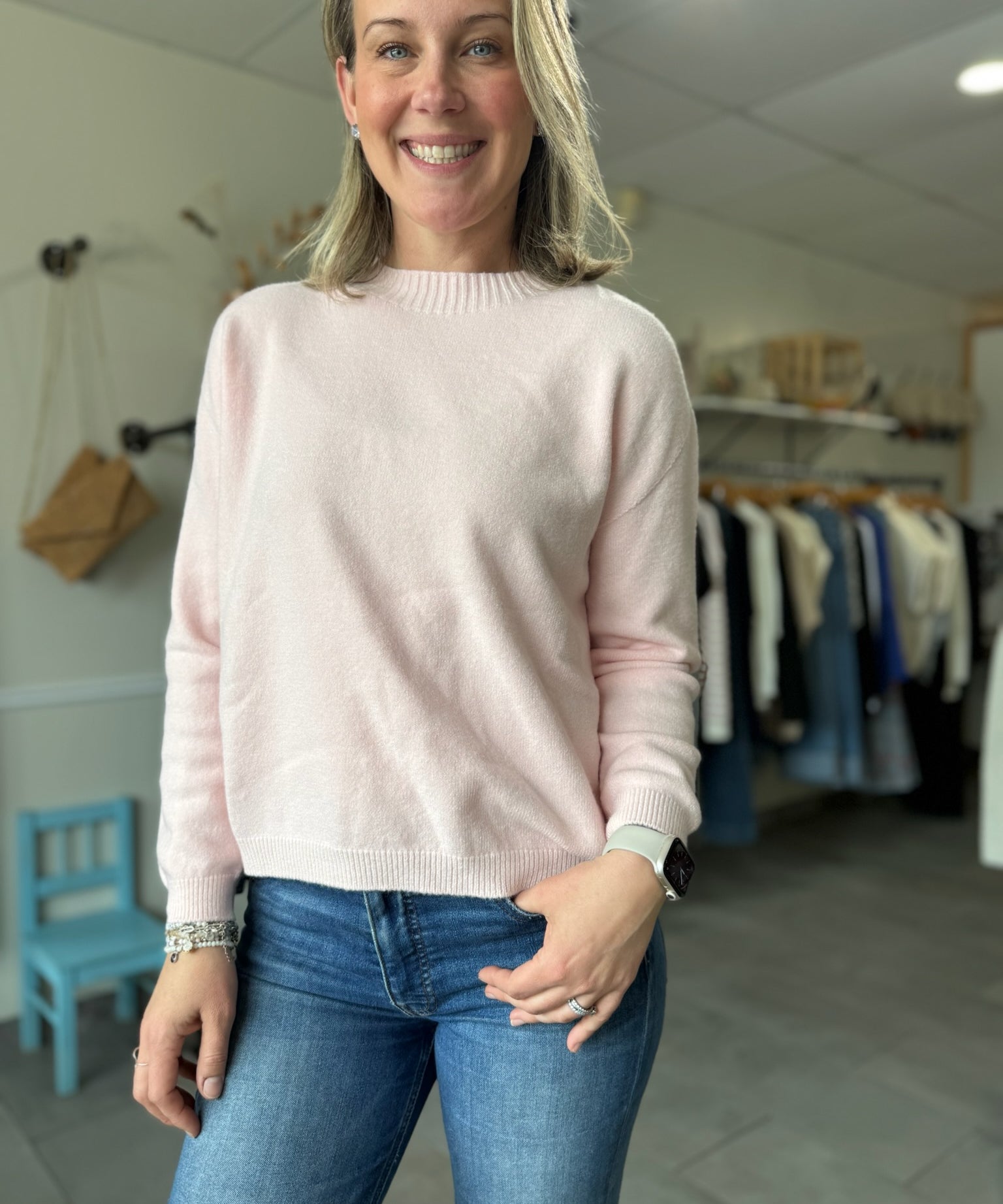 Simple Spring Crew Neck Sweater | Light Pink
