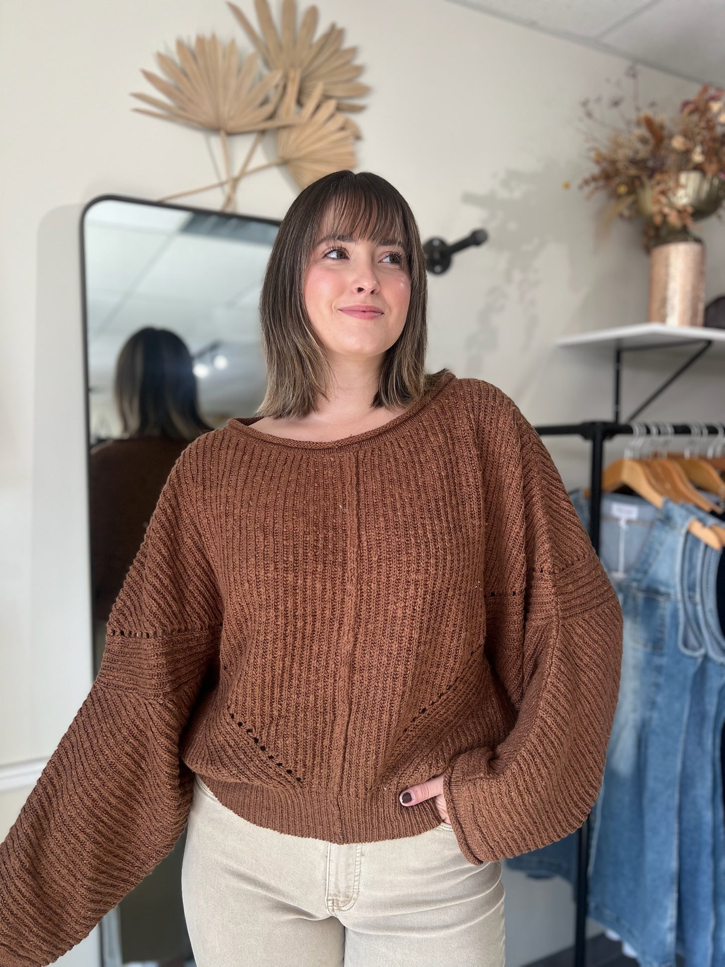 Ribbed Drop-Shoulder Knit Sweater - Brown