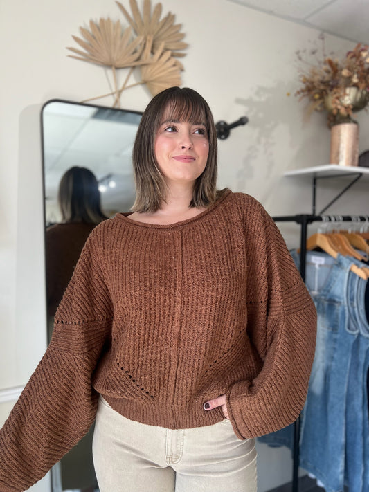 Ribbed Drop-Shoulder Knit Sweater - Brown