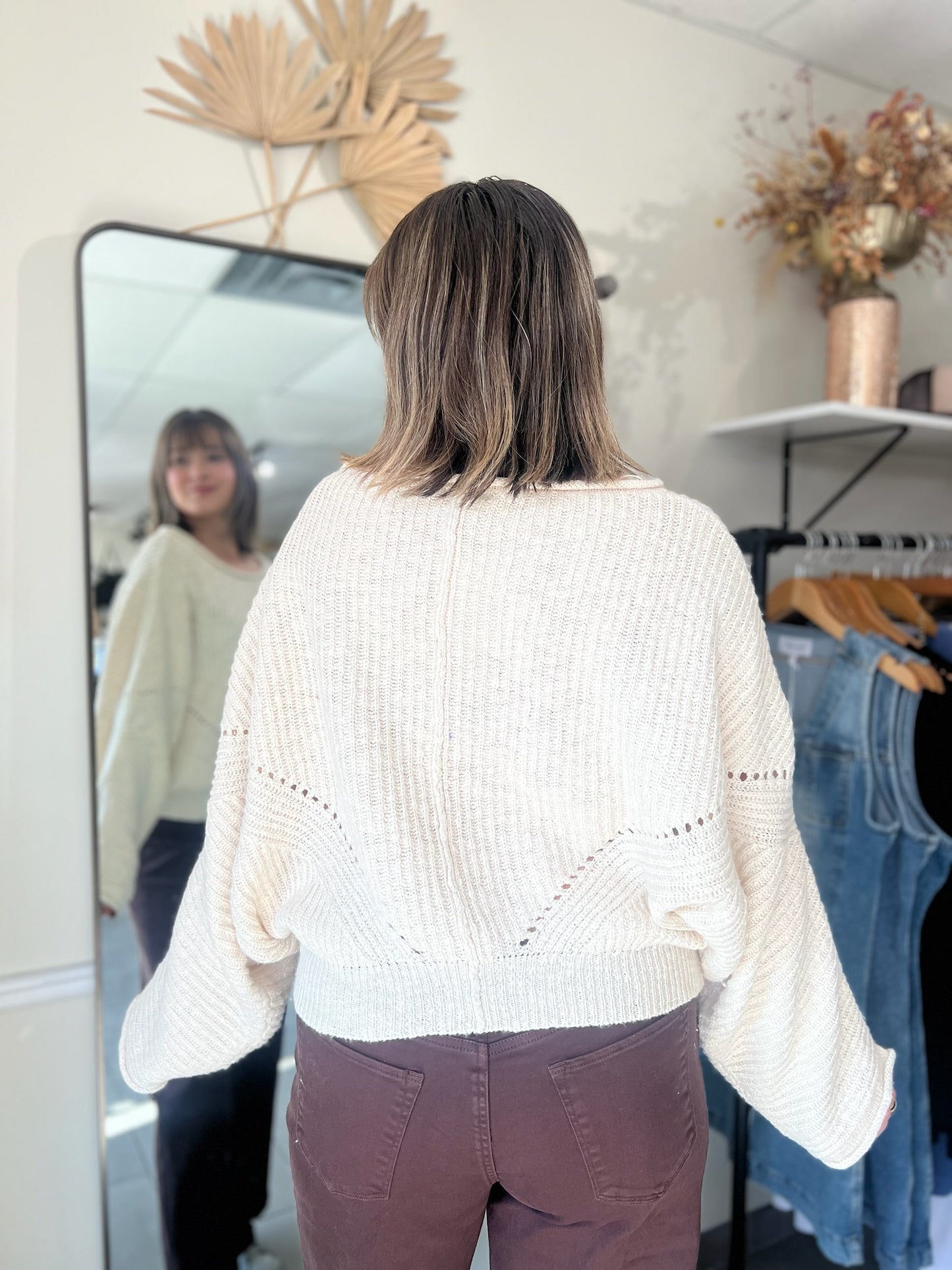 Ribbed Drop-Shoulder Knit Sweater - Cream