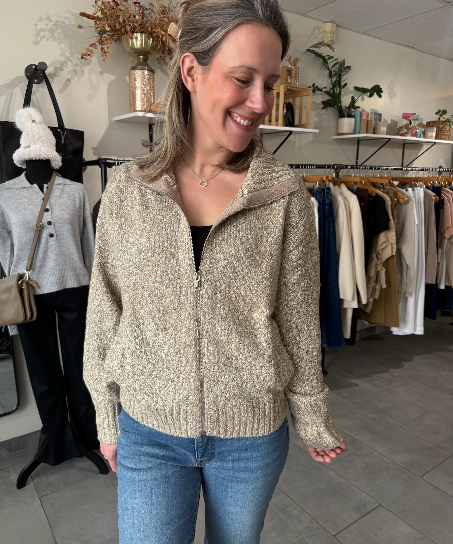 Coryn Full Zip Sweater | Stone
