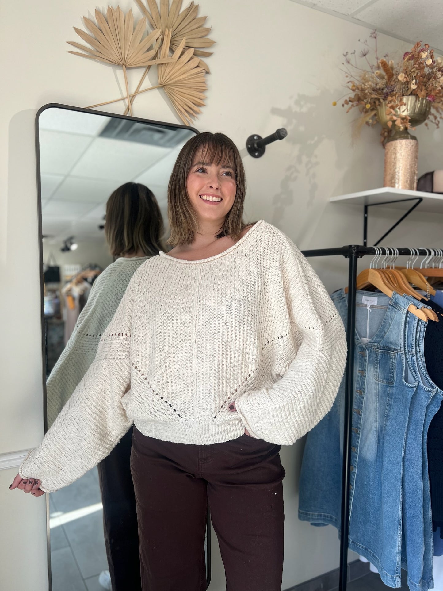 Ribbed Drop-Shoulder Knit Sweater - Cream