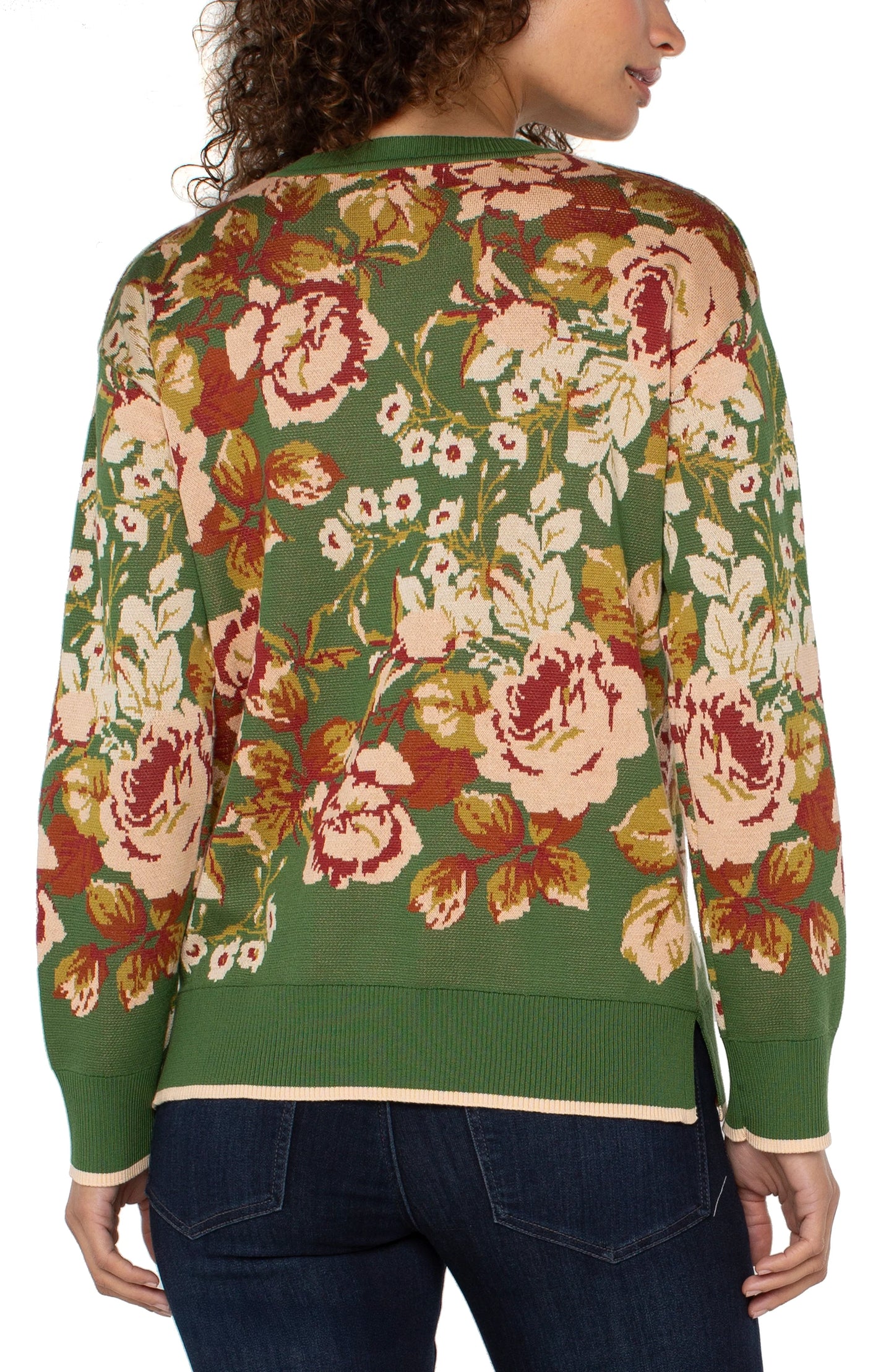 Long Sleeve Crew Neck Sweater - Green Multi Floral