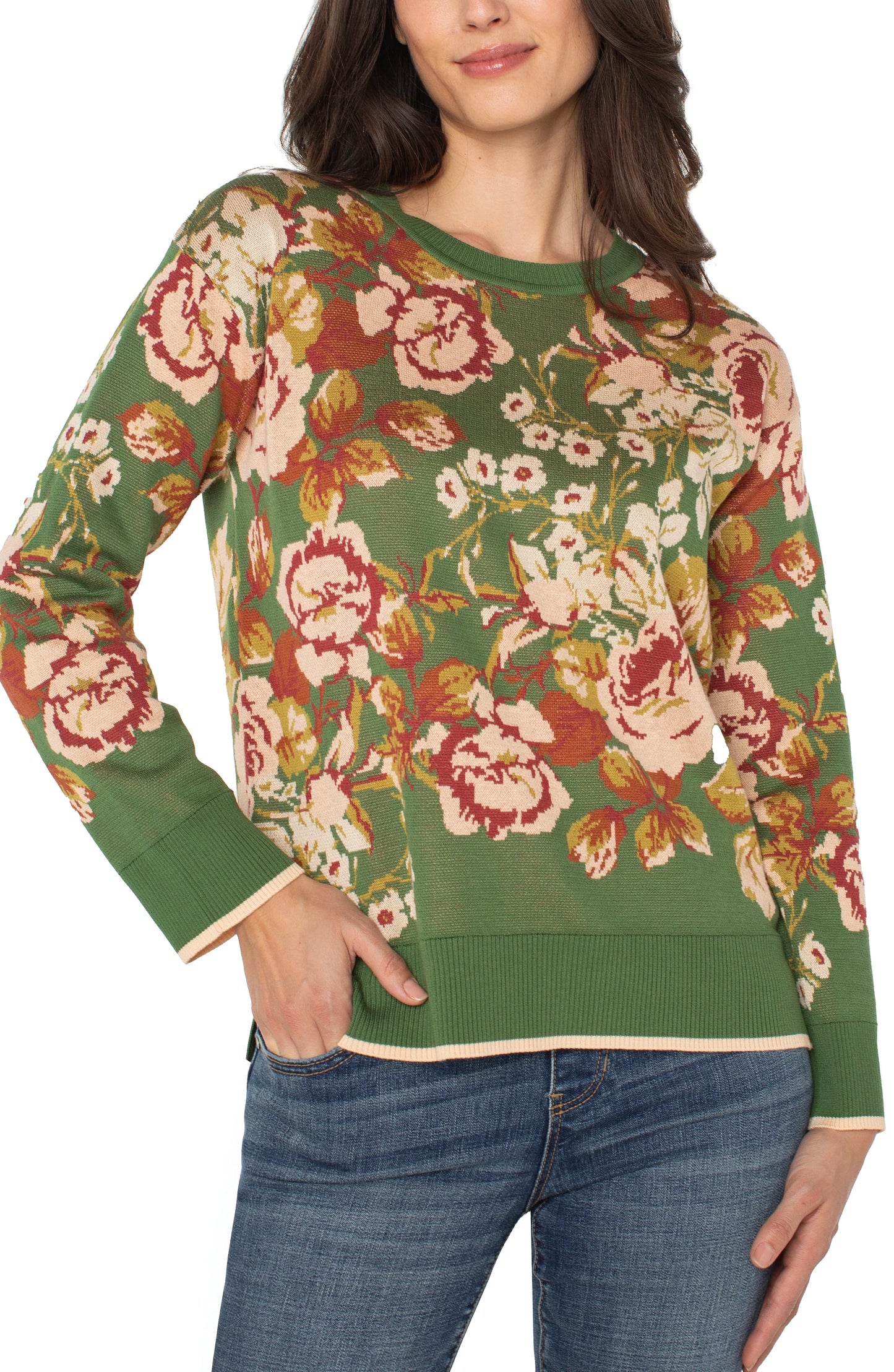 Long Sleeve Crew Neck Sweater - Green Multi Floral