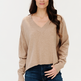 Geneva V-Neck Frayed Trim Sweater | Heather Taupe