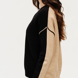 Fiore V-Neck Exposed Seam Sweater | Black/Camel