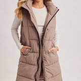 Detachable Hood Longline Quilted Puffer Vest | Latte