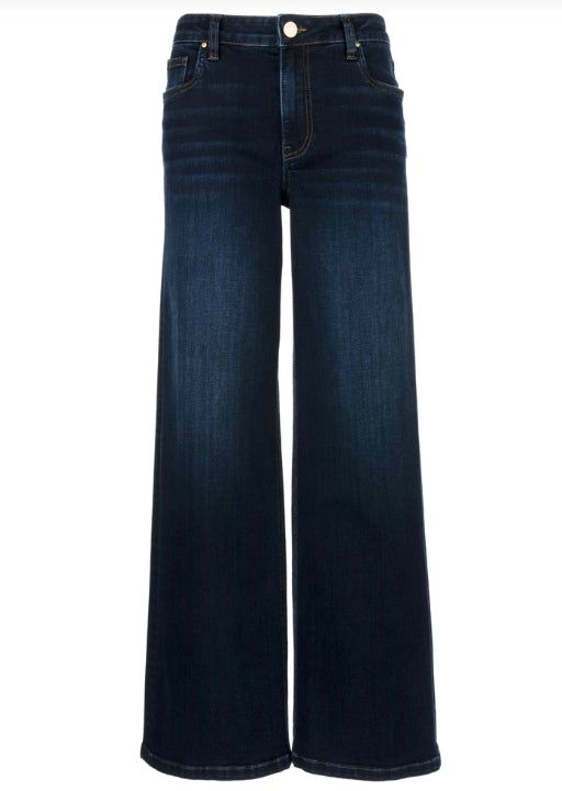 High rise, wide leg dark denim with clean finished hem.