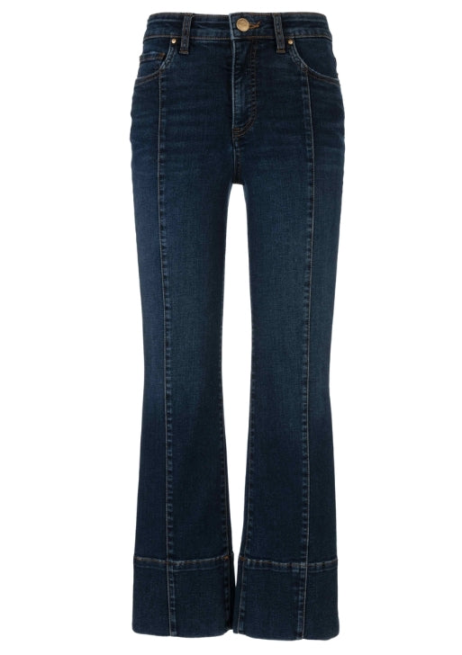 Kelsey High Rise Ankle Flare Jeans with front seam and wide hem details.