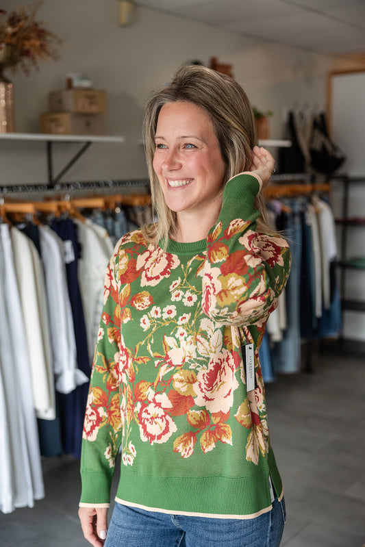 Long Sleeve Crew Neck Sweater - Green Multi Floral