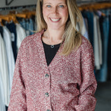 Long Sleeve Button Front Cardigan- Maroon Melange