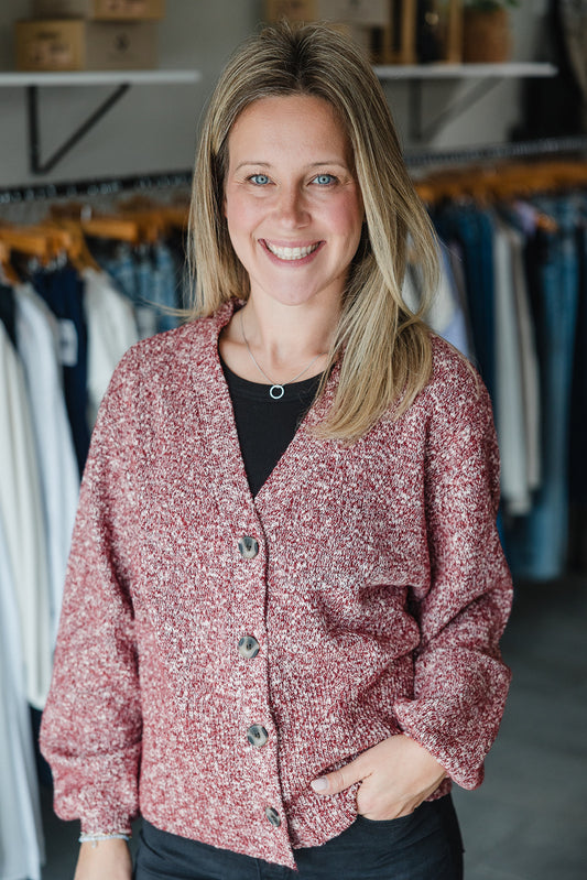 Long Sleeve Button Front Cardigan- Maroon Melange
