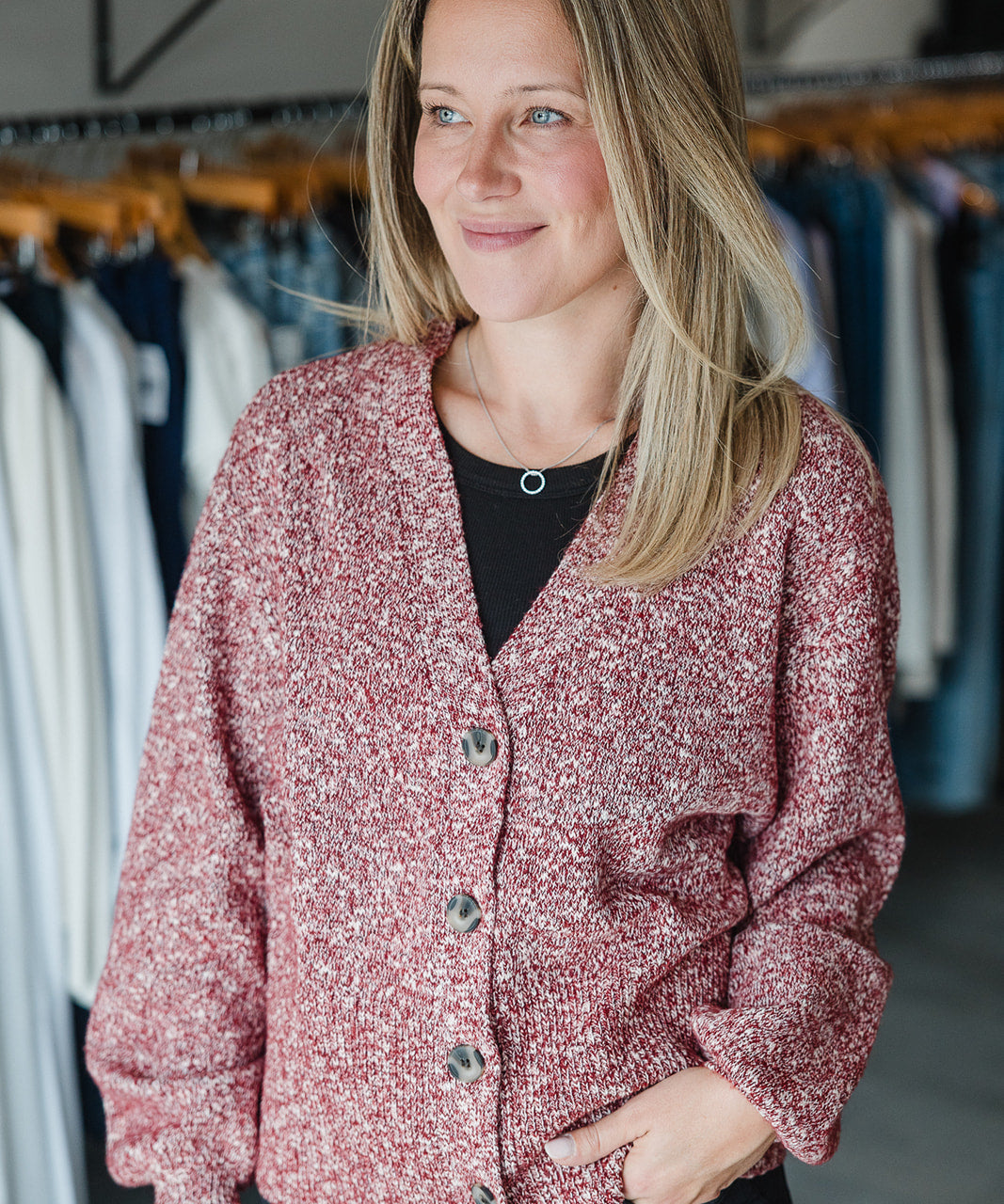 Long Sleeve Button Front Cardigan- Maroon Melange
