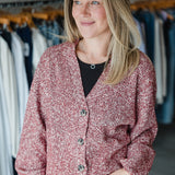 Long Sleeve Button Front Cardigan- Maroon Melange