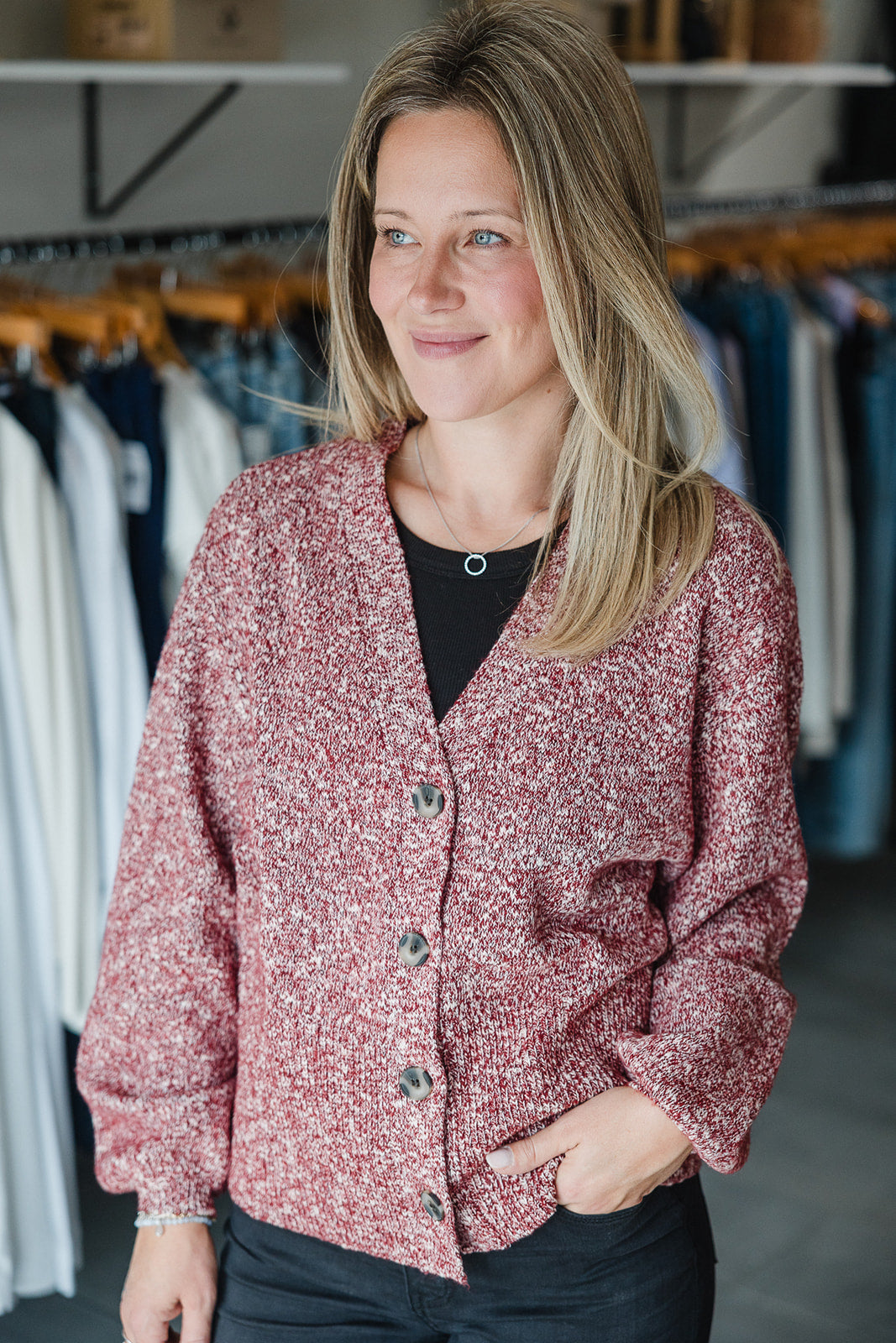 Long Sleeve Button Front Cardigan- Maroon Melange