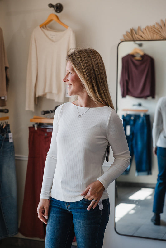 Long Sleeve Boat Knit Top - Washed Cream