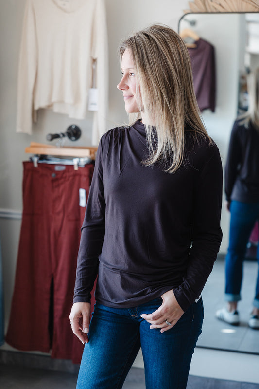 Mock Neck Knit Top With Shirring - Java
