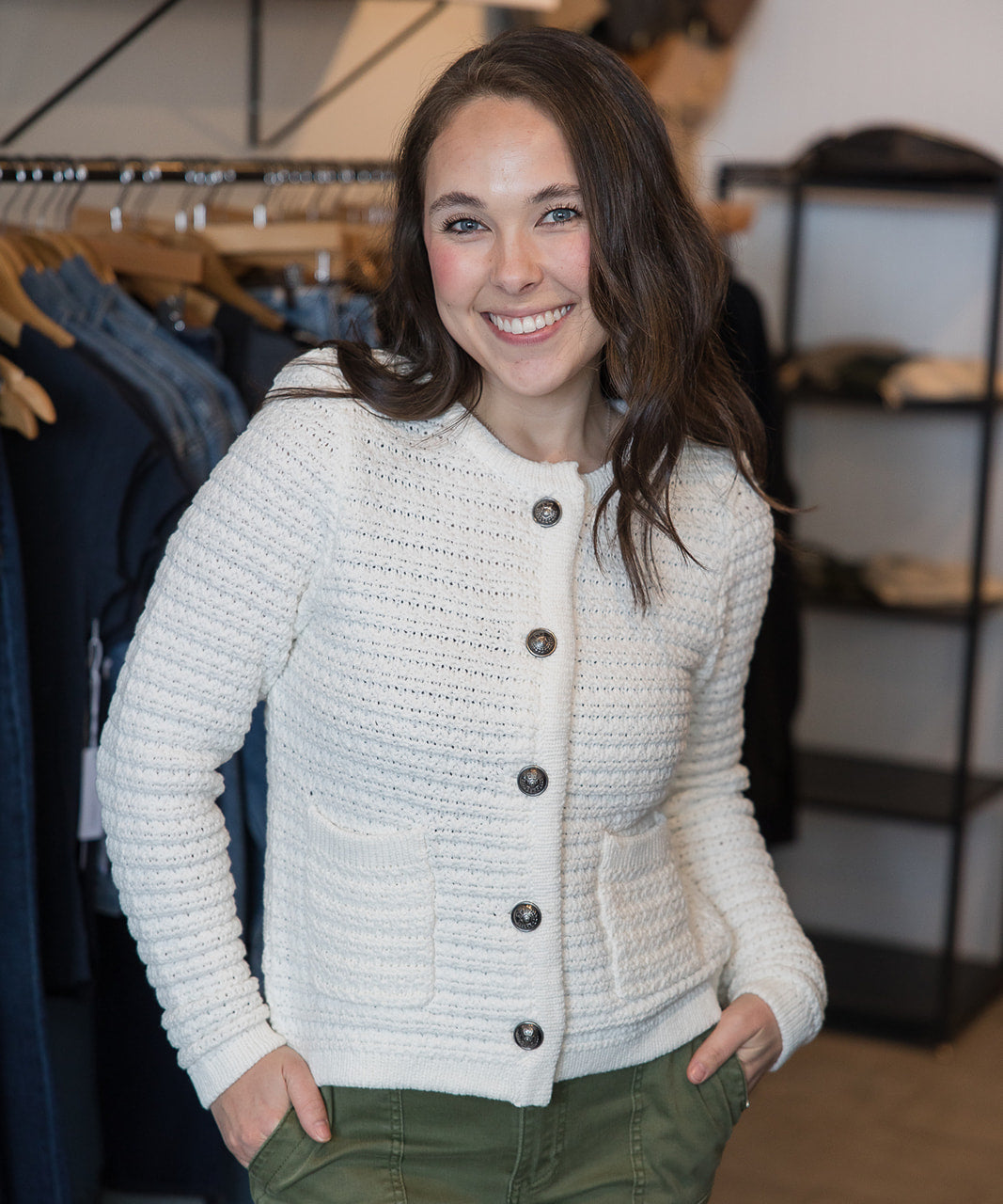 Cambria Long Sleeve Button Down Cardigan - White