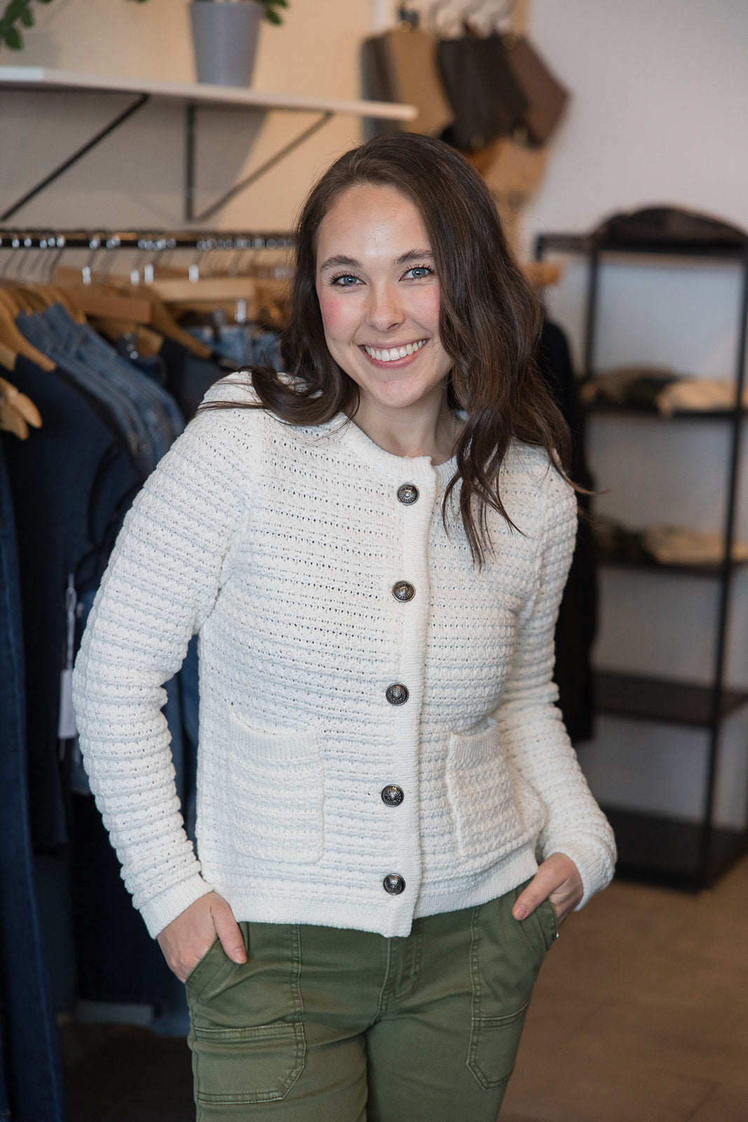Cambria Long Sleeve Button Down Cardigan - White