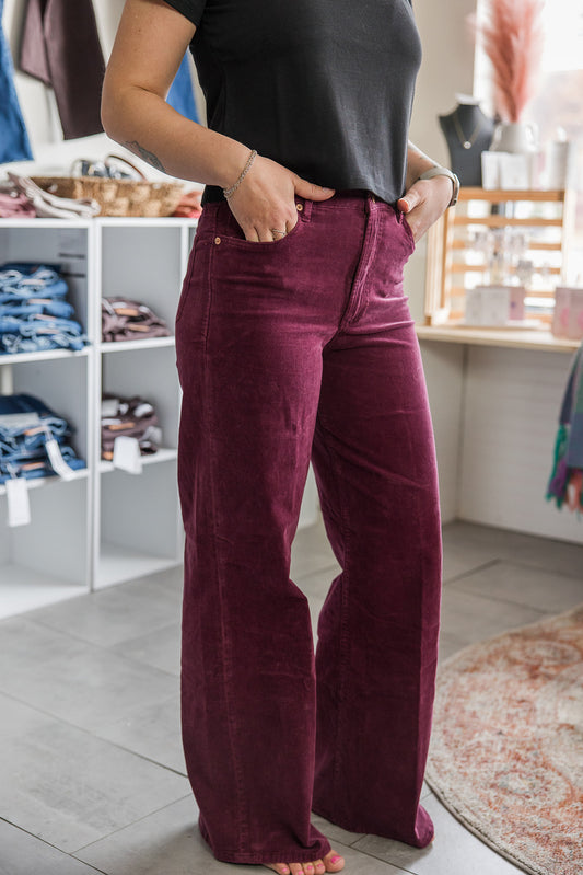 Fiona High Rise Wide Leg Pants - Plum Berry Corduroys