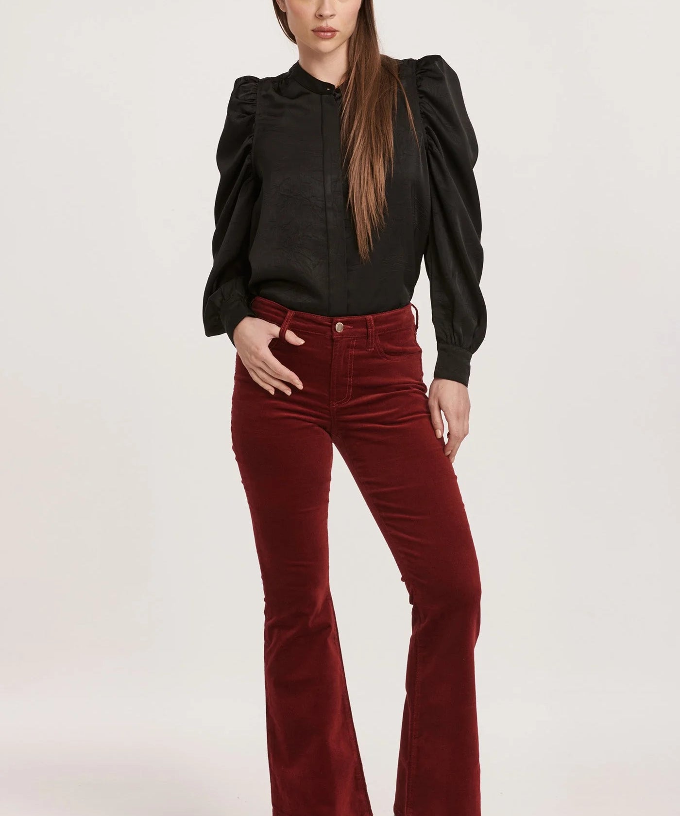 Rosa Mid Rise Full Inseam Flare Pants - Burgundy Velveteen image 0