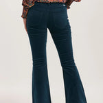 Rosa Mid Rise Full Inseam Flare Pants - Teal Velveteen image 2
